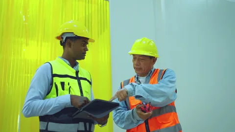 Engineer talking about new project at factory. Stock Footage 242819505