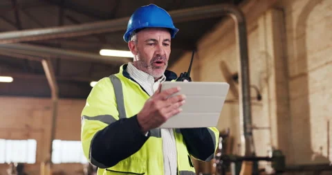 Engineer, talking and radio at workshop with tablet, research and inspection Stock Footage 340000159