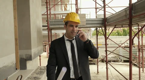 Engineer talking on mobile phone and walking in construction site Stock Footage 24502252