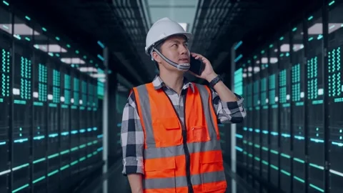 Engineer Talking On Smartphone in Data Center Stock Footage 321991049