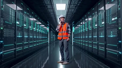Engineer Talking On Smartphone in Data Center Stock Footage 321993190