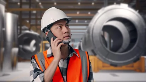 Engineer Talking On Smartphone at Heavy Factory Stock Footage 340819090
