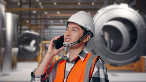 Engineer Talking On Smartphone at Heavy Factory Stock Footage 340820753
