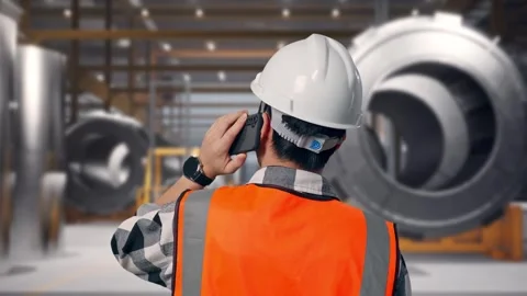 Engineer Talking On Smartphone at Heavy Factory 库存影片 340820982