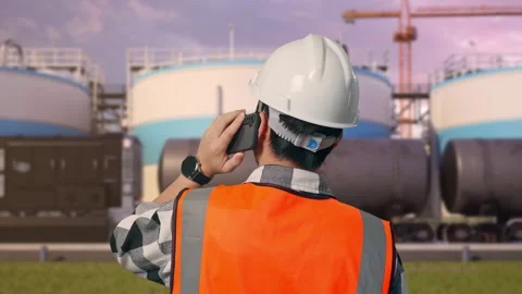 Engineer Talking On Smartphone at Oil Refinery Stock Footage 340141947