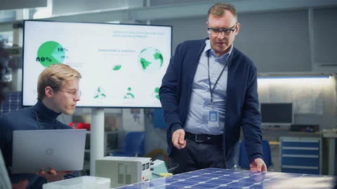 Engineer Talks About Solar Panels Stock Footage 189863480