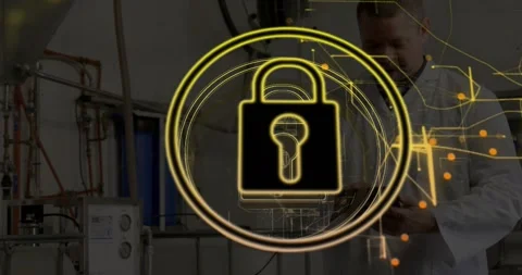 Engineer tapping tablet and activating padlock overlay signaling encrypted Stock Footage 317869661