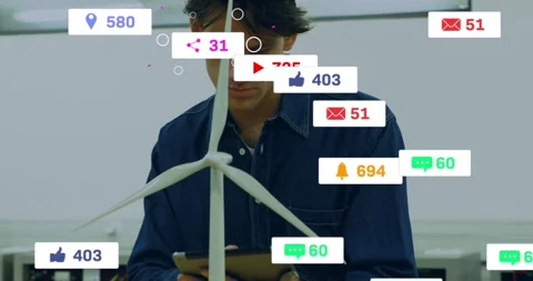 Engineer tapping tablet and testing turbine model in tech lab icons filling Stock Footage 333830377