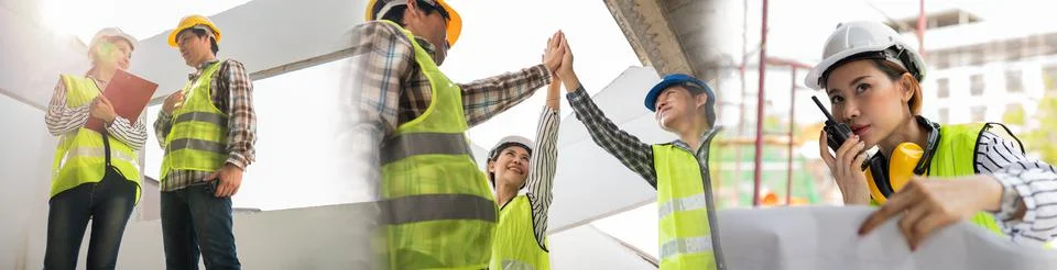 Engineer team and contractor raise their hands up together for joining hands  Stock-Fotos