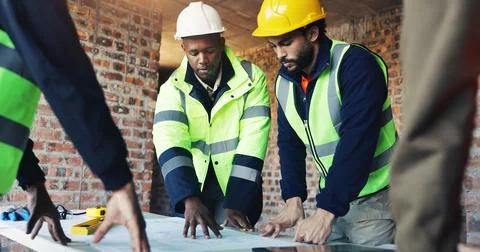 Engineer, team and discussion at construction site with blueprint, planning.. Stock Photos