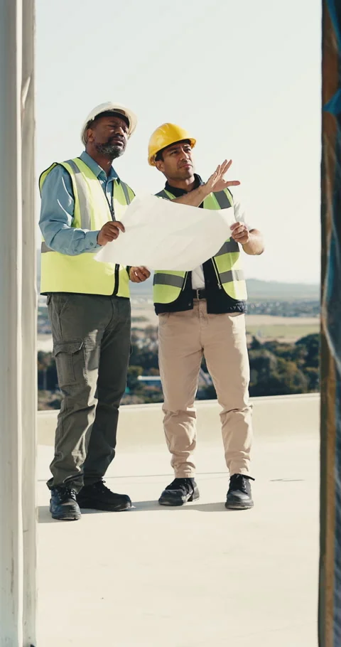 Engineer, team and document outdoor for construction, blueprint and inspection Stock Footage 345579372