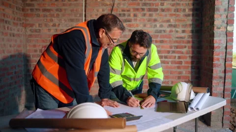 Engineer, team and drawing at construction site with blueprint, laptop and talk Stock Footage 336205301