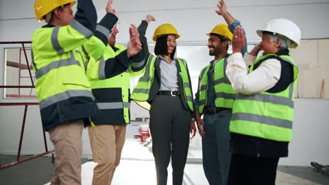 Engineer, team and hand stack for construction, motivation and celebration for 動画素材 341579971