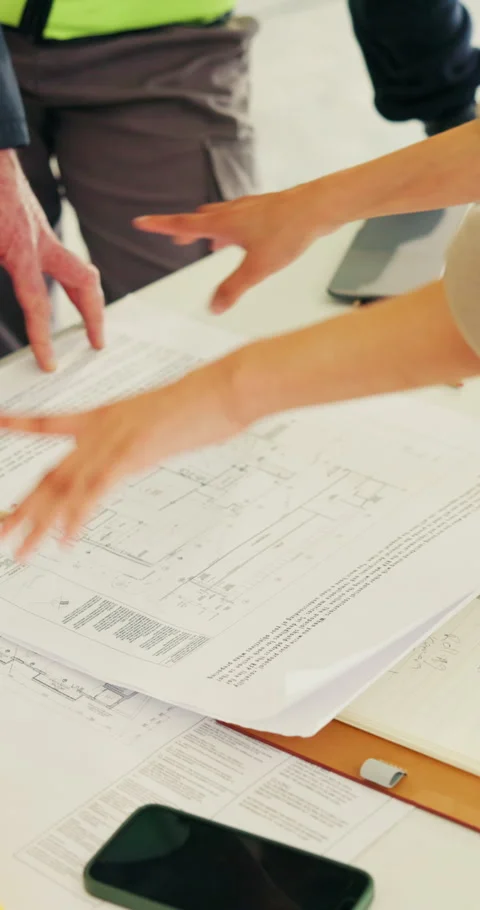 Engineer, team and hands with blueprint, discussion and planning for renovation Stock Footage 345314308