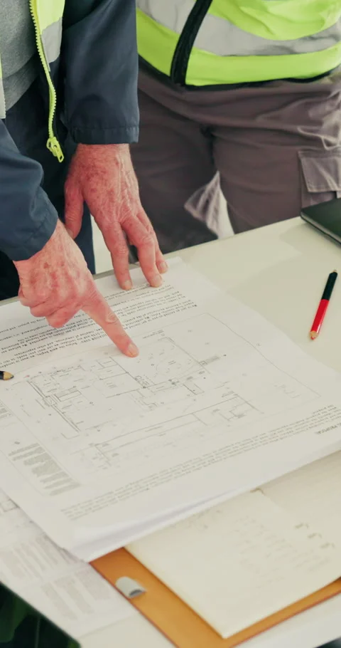 Engineer, team and hands with blueprint, construction and planning for Stock Footage 345315221