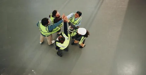 Engineer, team and high five at worksite for collaboration, project management Stock Photos
