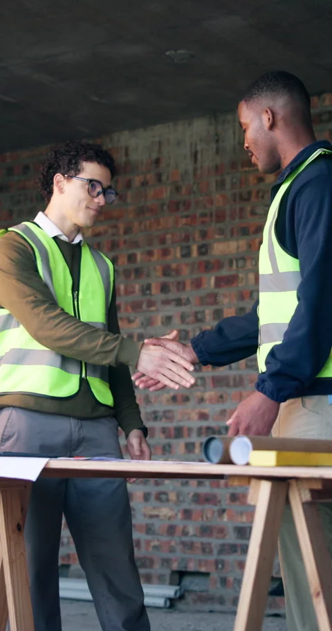 Engineer, team and meeting on construction site with handshake, property Stock Footage 340896995
