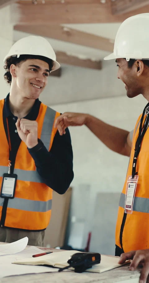 Engineer, team and men with blueprint, fist bump and happy with achievement or Stock Footage 345551219