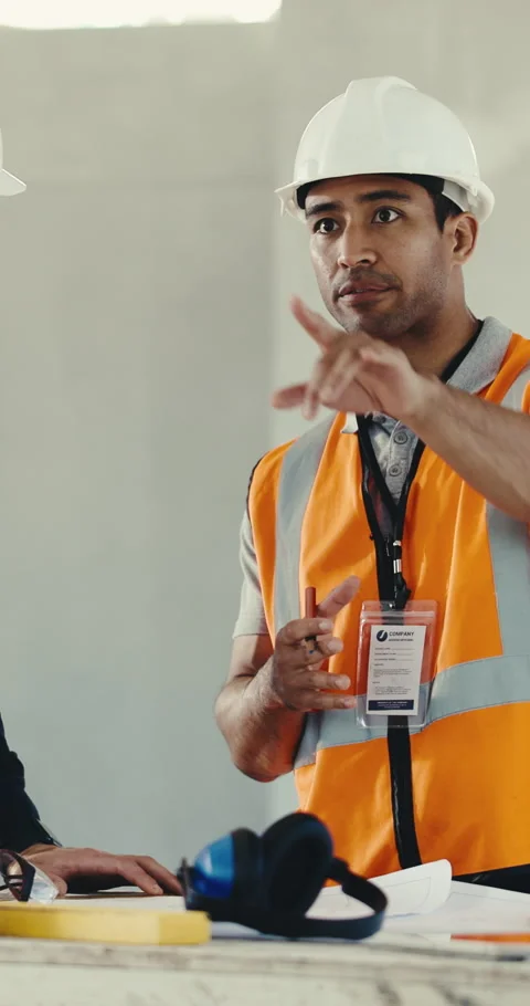 Engineer, team and men with blueprint, discussion and ideas for property Stock Footage 345551533