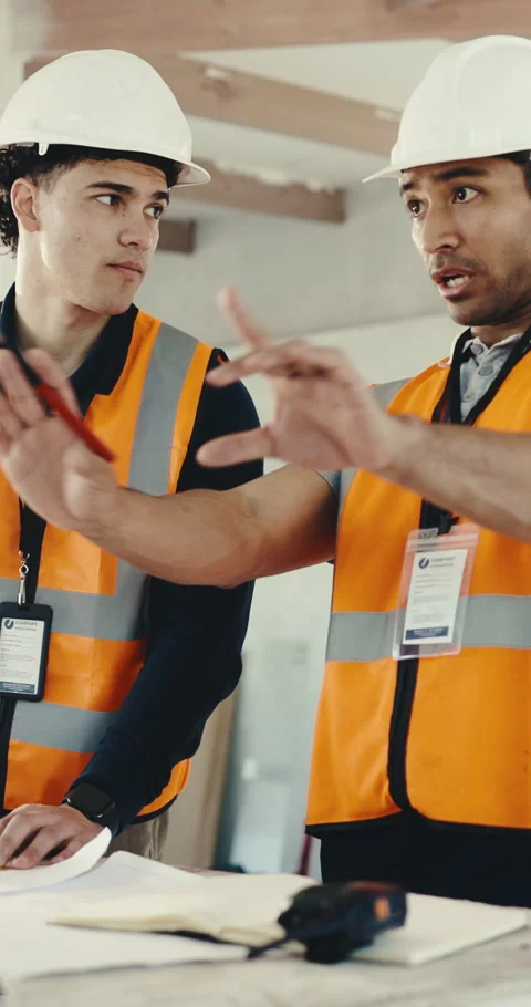 Engineer, team and men with blueprint, ideas and discussion for property Stock Footage 345574599