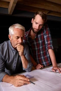 Engineer, team and men with blueprint, thinking or plan for construction with Stock Photos