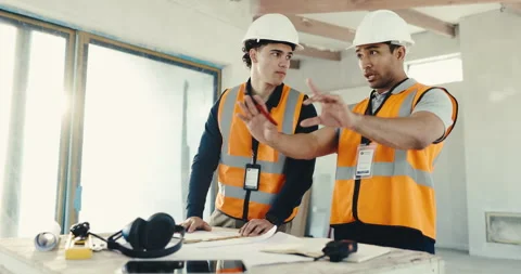 Engineer, team and men in building, discussion and planning for property Stock Footage 344933728