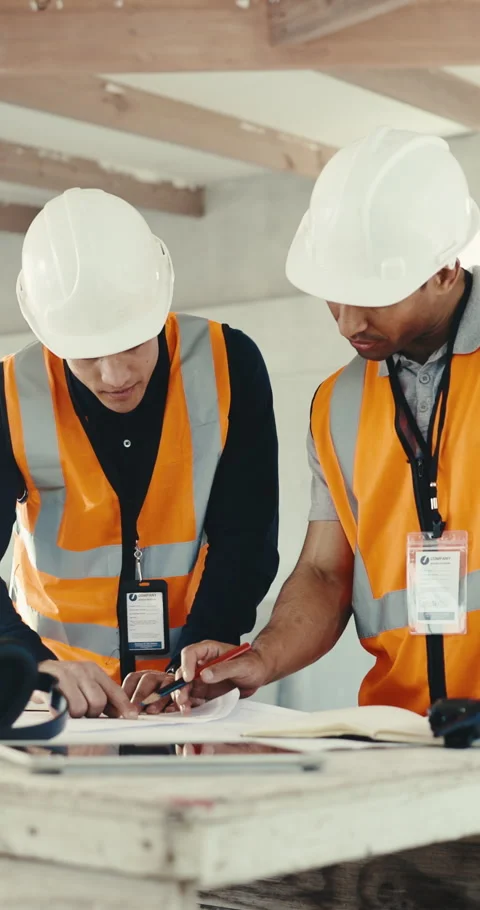 Engineer, team and reading document for construction, blueprint and illustration Stock Footage 345576893