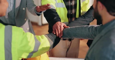 Engineer, team and stack hands for support, clapping or celebration for Stock Footage 341550454