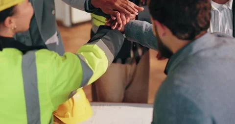Engineer, team and stack hands for success, clapping or celebration for Stock Footage 341584810