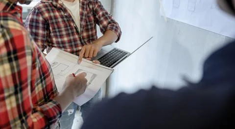 Engineer team discuss and working at construction property site. Inspection a 스톡 사진