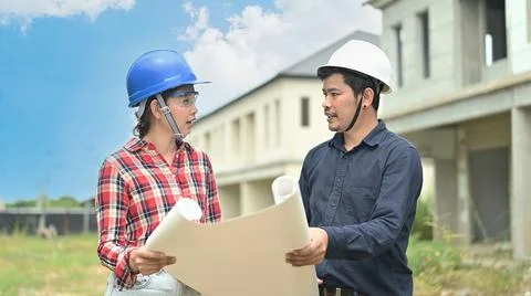 Engineer team discuss and working at construction property site. Inspection a Фото