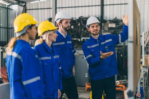 Engineer team employee plan meeting. Plant staff worker safety technician g.. Stock Photos