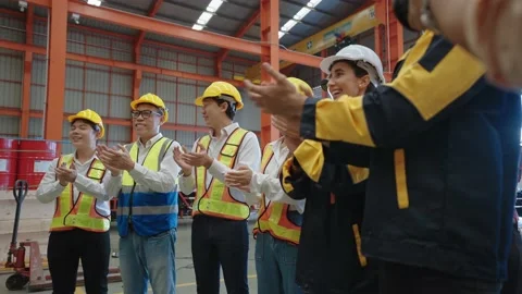 Engineer team hands clapping for celebrate to successful project at factory Видео 237005885