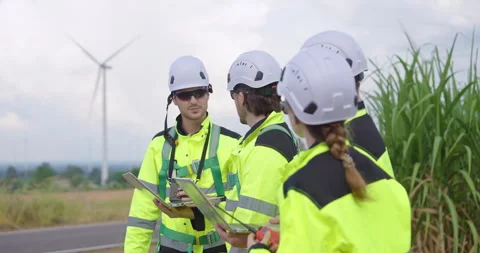 Engineer team in neon uniform managing wind turbine project, using tablet and Stock Footage 321047327