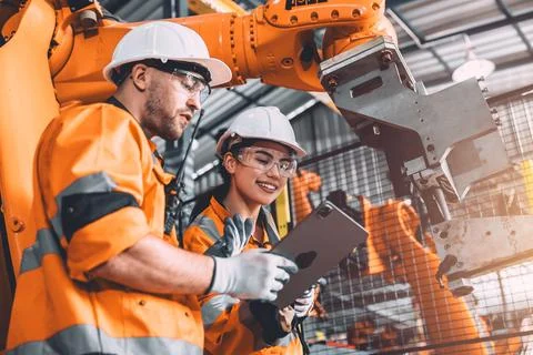 Engineer team service robot welding in automation factory. workers safety w.. Stock Photos