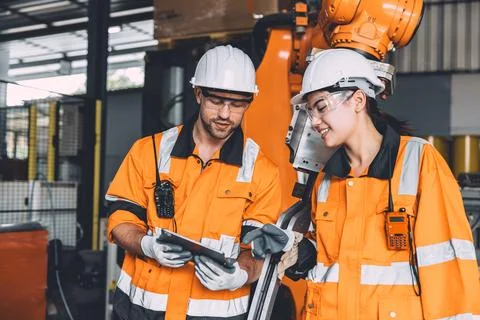 Engineer team service robot welding working in automation factory Stock Photos