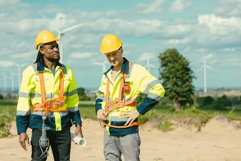 Engineer team stress talking together solve problem at Turbines field wind .. Stock Photos