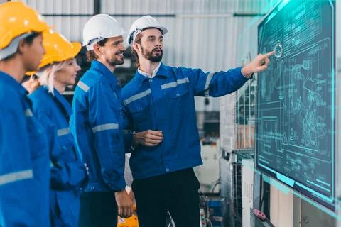 Engineer team training employee plan meeting. Plant staff worker safety tec.. Stock Photos