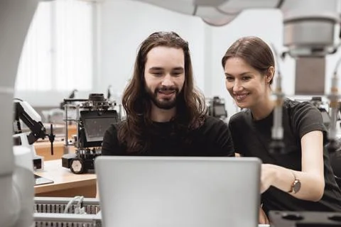 Engineer team university student learn control operate and program industry.. Stock Photos