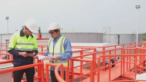 Engineer team use tablet technology to plan and monitor water systems. Video stock 238432801