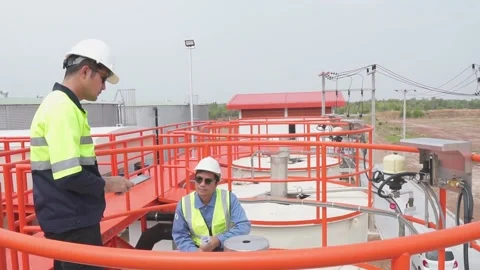 Engineer team use tablet technology to plan and monitor water systems. Video stock 238432815