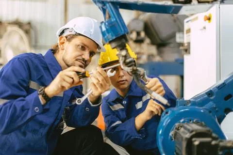 Engineer team worker fix service replace broken part of automatic industry .. 스톡 사진