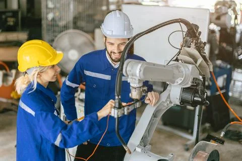 Engineer team worker fix service replace broken part of automatic industry .. 스톡 사진