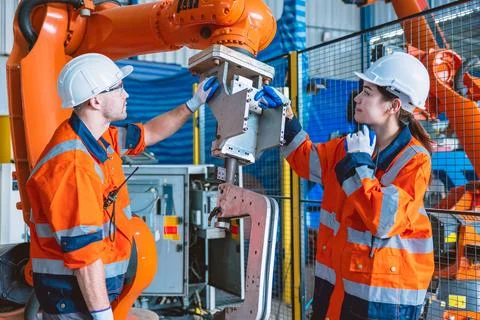 Engineer team worker working with robot arm assembly machine in modern meta.. Foto stock