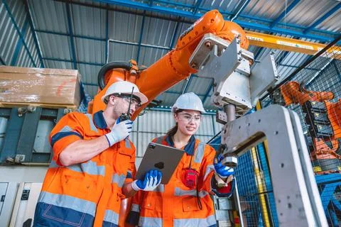 Engineer team worker working with robot arm assembly machine in modern meta.. Foto stock