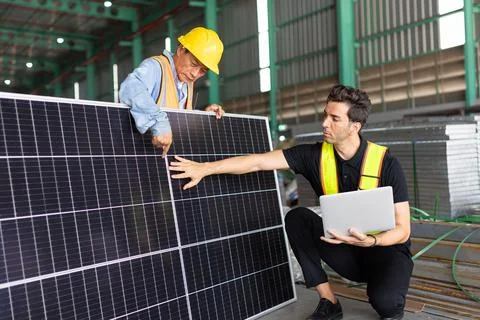 Engineer team working check testing solar panel process before sand to cust.. Foto stock