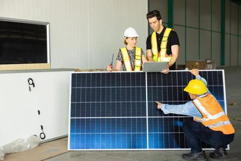 Engineer team working check testing solar panel process before sand to cust.. Stock Photos