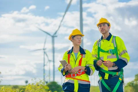 Engineer team working outdoors with safety Site survey inspection Wind turb.. Stock Photos