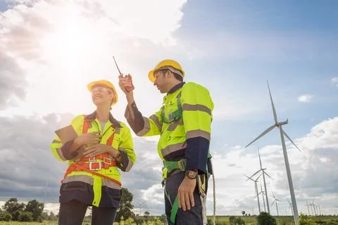 Engineer team working outdoors with safety Site survey inspection Wind turb.. Stock Photos