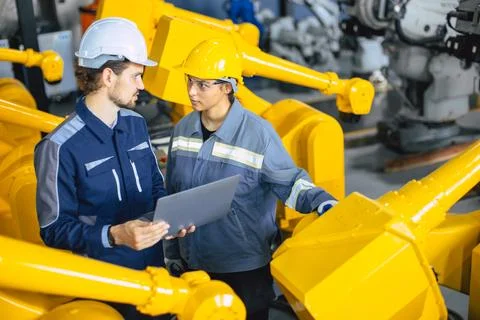 Engineer team working together inspection quality robot arm in robot assemb.. Stock Photos